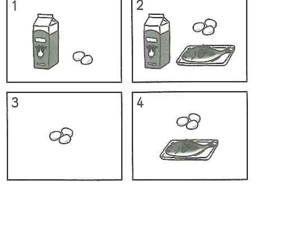 Four numbered combinations of milk, eggs, and fish