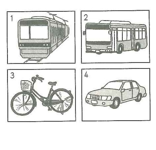 Four numbered forms of transportation: train, bus, bicycle, and car